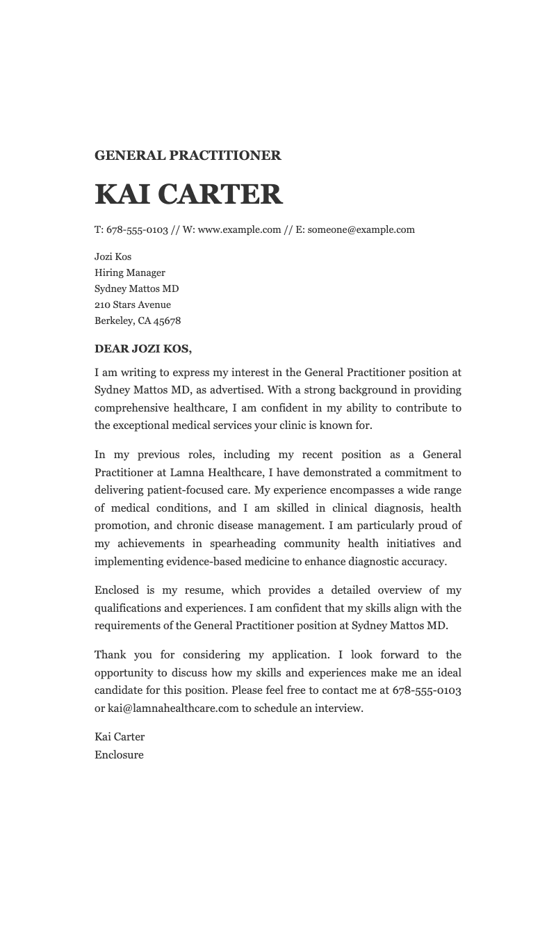 Bold minimalist professional cover letter - A clean, professional cover letter template featuring elegant typography and structured layout for healthcare job applications.